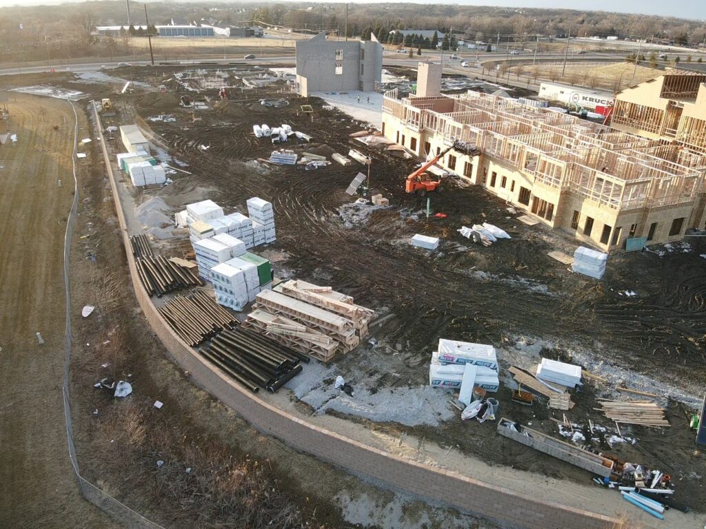 aerial photo of a new construction landscaping project for a commercial building